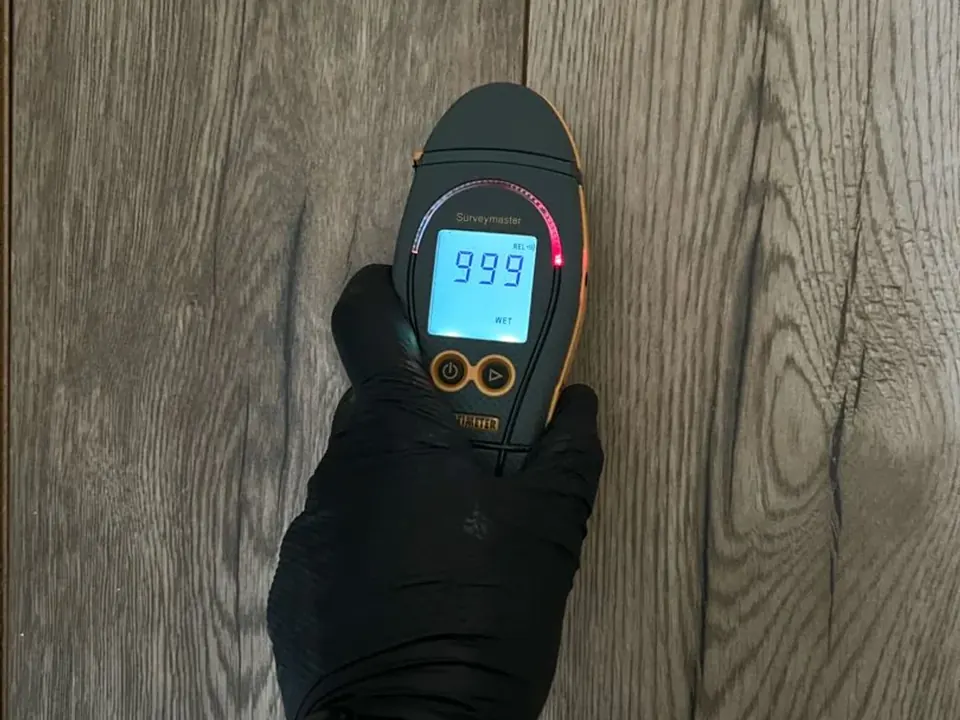 Moisture meter showing a wet reading on the hallway floor